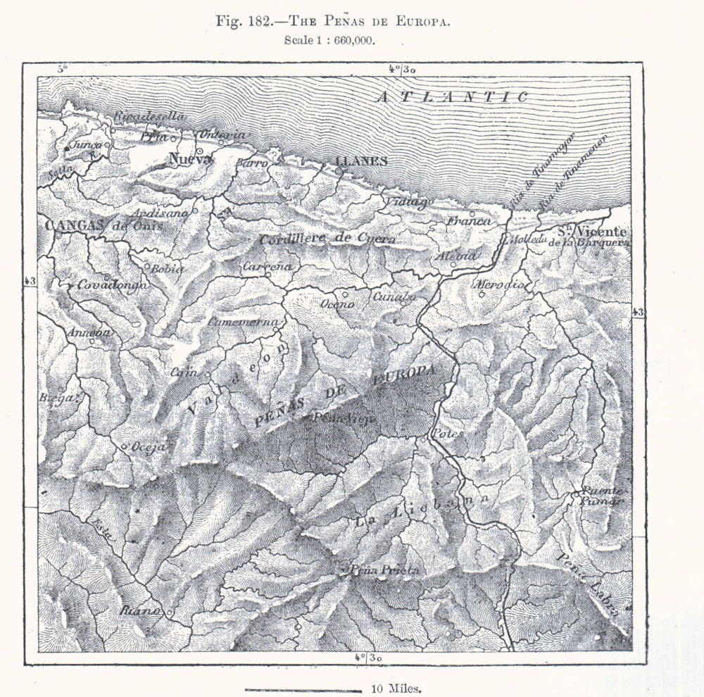 The Picos de Europa. Penas de Europa. Llanes. Spain. Sketch map 1885 old